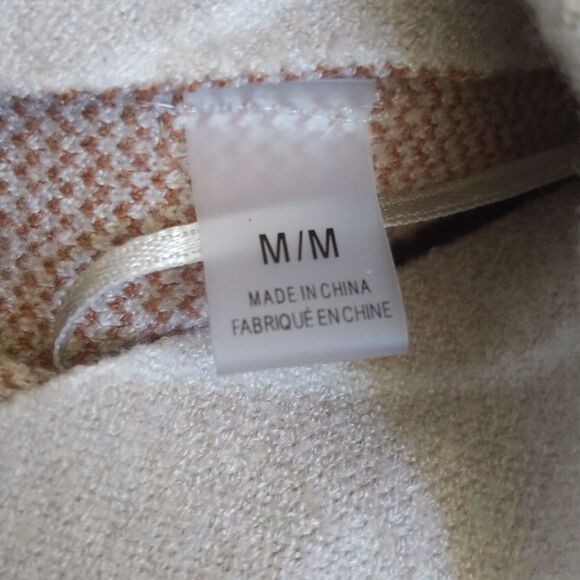 Tahari asymmetrical stripe fine knit sweater, viscose blend, beige & camel M - Picture 4 of 6